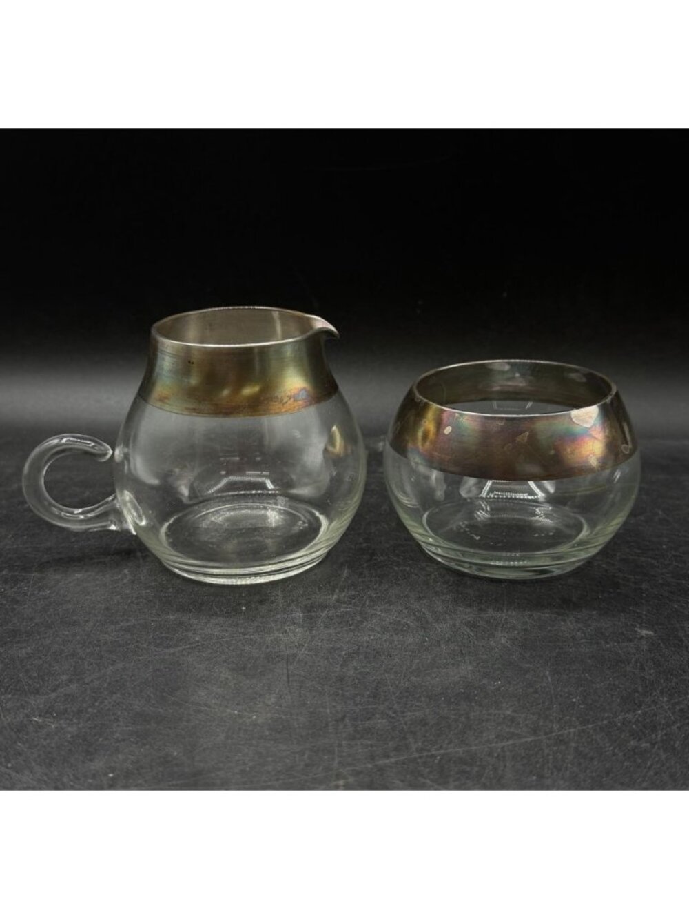 Dorothy Thorpe Silver Rim Roly Poly Sugar & Creamer MCM Mid Century Modern